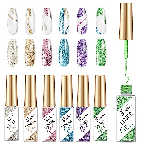 Rechoo Liner Nail Gel Polish-10ML*2 Gold & Silver Glitter Gel Nail Polish for Fineliner Nail Art, French Manicure Nail Polish, UV Shellac Color G