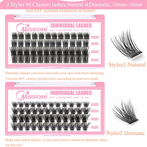Eyelash Extension Kit at Home, Missicee 96 PCS D Curl Wide-Stem Cluster Lashes DIY Lash Extension Kit with 48 Hours Long-Lasting Cluster Lash Glu
