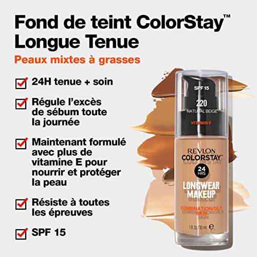 Revlon Colorstay Liquid Foundation Makeup for Combination/Oily Skin SPF 15, Longwear Medium-Full Coverage with Matte Finish, Fresh Beige (250), 3