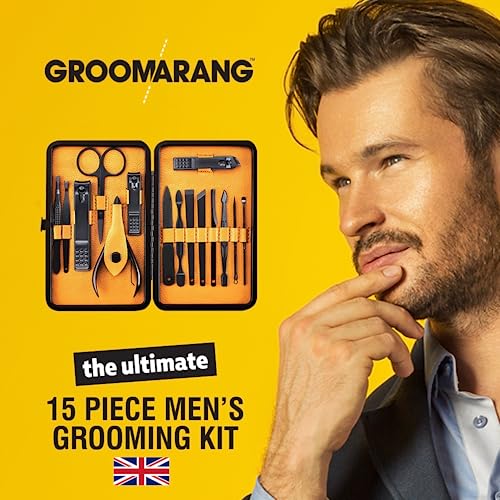 Groomarang 15pc Mens Manicure Kit - Stainless Steel Corrosion Resistant Nail Clipper Grooming Set