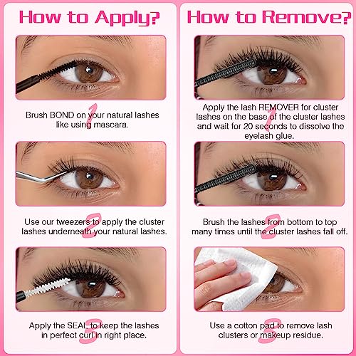 DIY Lash Extension Kit Lash Clusters Individual Eyelash Extension Kit with 3 in 1 Lash Bond and Seal and Remover and Lash Tweezers Applicator, 8-