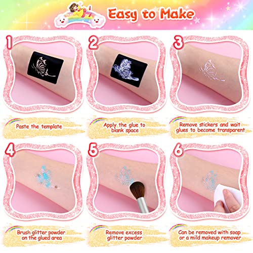 Glitter Tattoos for Kids, Sparkly Birthday Gift for 6 7 8 9 10 Year Old Girls, Temporary Tattoo Set Including Glitter, Tattoo Stencil, Luminous T
