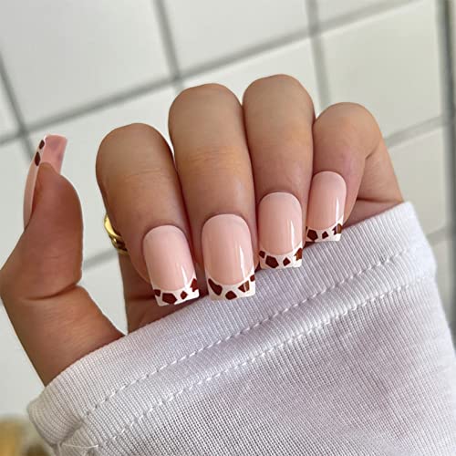 JUSTOTRY 24 Pcs Glitter Square False Nails Medium,Silvery French Press on Nails Pattern, Easy Fake Nails Short with Nail Glue, Stick on Nails for