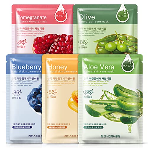 Sheet Mask,5Pcs Fruit Extract Face Mask Set,Aloe Vera Gel Face Mask,Hydrating Face Mask,Face Masks Beauty,Face Masks Skincare,Improves Skin Face