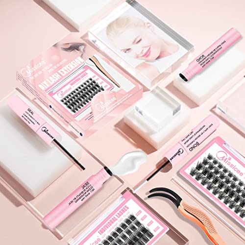 Eyelash Extension Kit at Home, Missicee 96 PCS D Curl Wide-Stem Cluster Lashes DIY Lash Extension Kit with 48 Hours Long-Lasting Cluster Lash Glu
