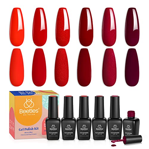 Beetles Bloody Mary Red Gel Nail Polish Set - 6 Pcs Shimmer Red Burgundy Red Gel Polish Red Glitter Nail Polish Soak Off UV Nail Lamp Gel Nail Ki