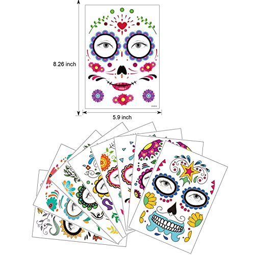 Day of the Dead Tattoo, 18 Sheets Day of the Dead Decorations Halloween Face Temporary Tattoos, Day of the Dead Stickers Sugar Skull Skeleton for