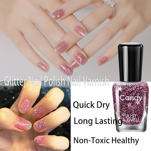 Glitter Nail Polish Nail Varnish - 4PCS Glitter Pink Nail Polish Nude Nail Varnish - Quick Drying & Long Lasting Holographic Nail Polish - Water