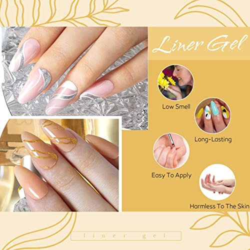 Rechoo Liner Nail Gel Polish-10ML*2 Gold & Silver Glitter Gel Nail Polish for Fineliner Nail Art, French Manicure Nail Polish, UV Shellac Color G