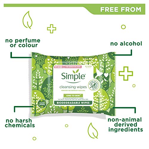 Simple Kind To Skin, Biodegradable Cleansing Make Up Remover Face Wipes For Women, Perfect for Sensitive Skin 1 Months Supply (6 Packs Of 20 Wipe