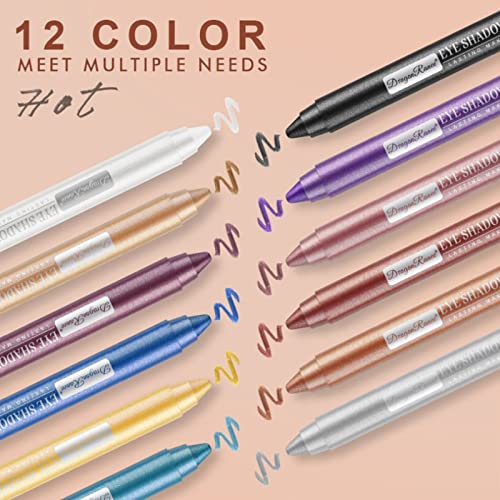 RoseFlower 12 Colors Eyeshadow Pencil Crayon Waterproof & Long Lasting Eyeshadow Stick Shimmer Cream Eyeshadow Pen Create Glitter Eye Makeup, Eas