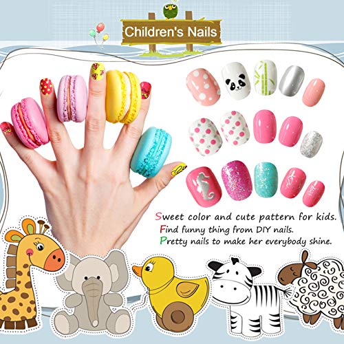 Kalolary 288PCS Kids False Nail, Press on Pre-glue Full Cover Candy Pattern Short False Nail Kits with 48PCS Nail Adhesive Tabs, Children's Day L