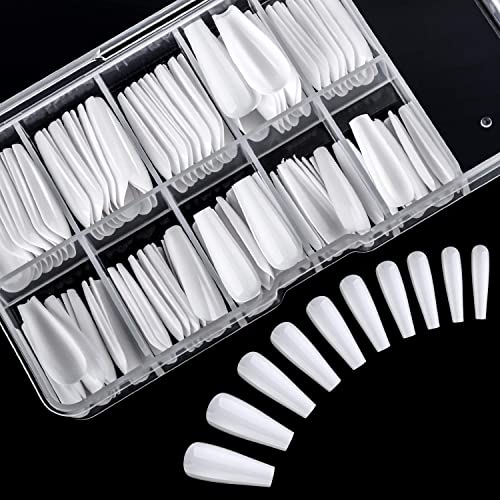 Ballerina Nails Long False Nails Coffin Fake Nails Full Cover Length 100 Pieces Artificial Fingernails Tip with Case for Nail Salons and DIY Nail