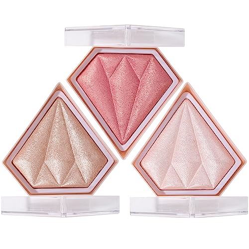 Blushers For Cheeks Make Up, Highlighter Blush Shimmer Blusher, 3D Diamond Long Lasting Contour Palette Brighten Skin Blendable & Buildable Bronz