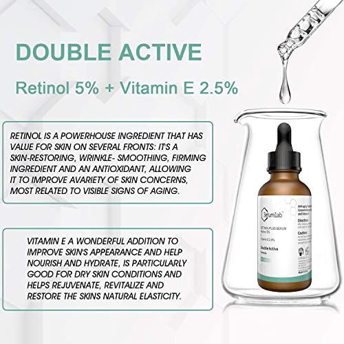 Retinol Serum High Strength for Face and Skin, Unique Double Active Ingredients of 5% Retinol & 2.5% Vitamin E, Outstanding Synthetic Effect to R