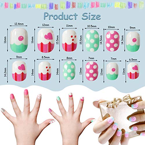 Kalolary 288PCS Kids False Nail, Press on Pre-glue Full Cover Candy Pattern Short False Nail Kits with 48PCS Nail Adhesive Tabs, Children's Day L