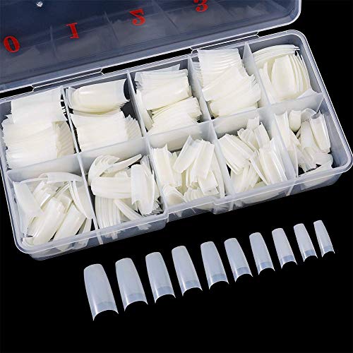 FANTESI 1000 Pcs Acrylic Nail Tips French Half Cover Fake Nails Artificial Coffin Nails 10 Sizes for Nail Salons and DIY Nail Art Manicure Tool w