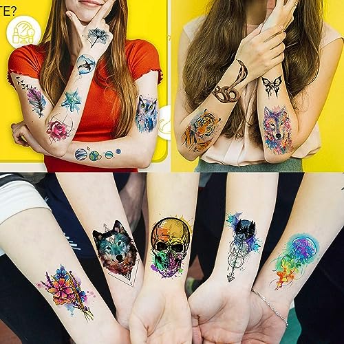 LAROI 31 Sheets Watercolor Temporary Tattoos For Kids Women Men Adults, Rose Peony Flower Fake Tattoo Stickers, Colorful Planets Star Animals Tat