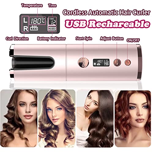 Cordless Auto Hair Curler, Portable Hair Wand Curling USB Rechargeable Anti-Tangle Fast Heat LCD Display with Temps & Timers, Auto Power-off, Ele