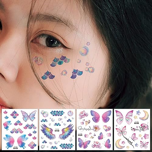 Rosymormor 18 Sheets Glitter Temporary Tattoos for Women Girls, Wings Butterfly Flowers Face Body Shiny Waterproof Stickers Fake Tattoos for Gift