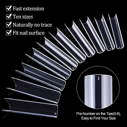 Kalolary Clear Extra Long C Curved False Nail Tips, 500PCS XXL Long Nail Tips C/U Curve Half Cover French False Nail Acrylic Fake Nail Tips with
