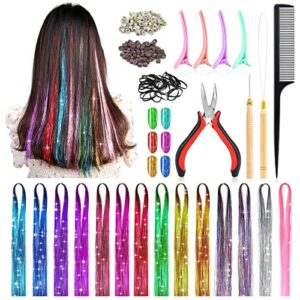 14 Colors 3000 Strands Hair Tinsel Extensions, 47 Inch Glitter Hair Extension Fairy Hair Tinsel Strands Kit, Holographic Dazzle Colour Straight H