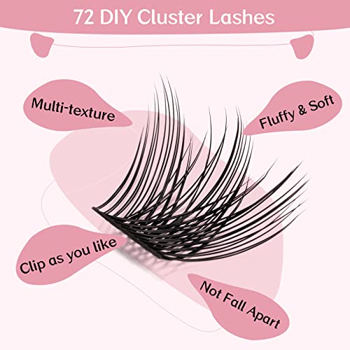 Lash Clusters, 72 Pcs Individual Cluster Lashes DIY Lash Extension 8-16mm Eyelash Clusters Volume Wispy Lashes Super Thin Band Reusable Soft & Co