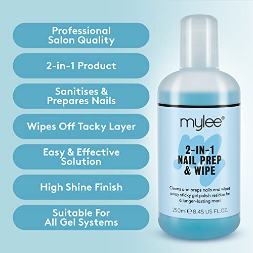 Mylee Gel Prep & Wipe Gel Nail Polish Finishing Wipe Residue Cleaner Remover 250ml + 100x Lint Free Wipes Kit, Preparation & After Care, UV LED G