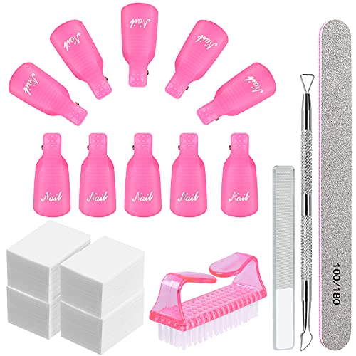 Gel Nail Remover Kit, MORGLES 10PCS Nail Clips Gel Nail Remover Clips 300Pcs Nail Wipe Cotton Pads Nail Files 100/180 Glass Nail Shiner with Cuti
