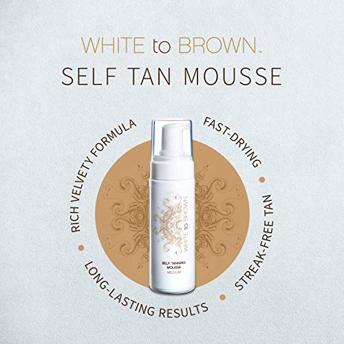 WHITE to BROWN Self Tanning Mousse made with Natural Ingredients. Fast Drying, Easy application for a Long-Lasting, Natural-Looking, Streak-Free