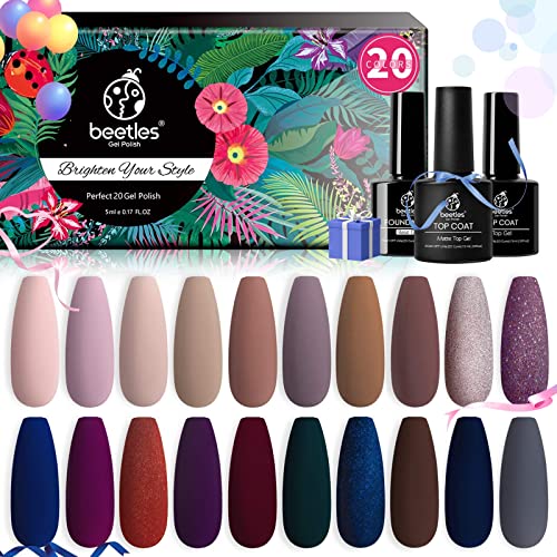 Beetles Gel Nail Polish Kit 20 Colors with 3Pcs Base Gel Glossy & Matte Top Coat Romance Rebellion, 2023 Summer Trendy Pink Red Blue Purple Glitt