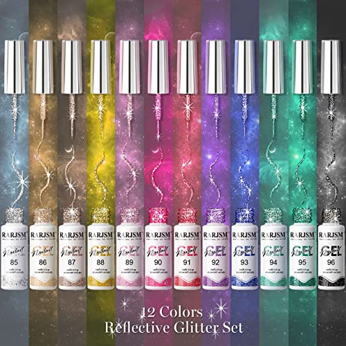 RARJSM Gel Liner Nail Art Reflective Glitter Flash Diamond Liner Gel Polish 12 Colors 5ml Sparkle Silver Hot Pink Black Pigment Painted Stripe Br