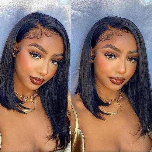 Maxine 12 inch Straight Bob Wigs 13x4 Transparent Lace Front Human Hair Wigs Pre Plucked with Baby Hair Brazilian Straight Short Bob Wigs Glueles