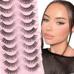 Glowingwin Cat Eye Lashes Natural Look Russian Eyelashes D Curl Russian Strip Lashes Wispy Fluffy 3D Faux Mink Lashes Hybrid Strip Lashes 10 Pair
