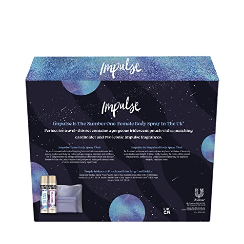 Impulse Sky Is The Limit Body Spray Fragrance & On-The-Go with a Purple Iridescent Makeup Bag and Card Holder Set for Her 2 Piece