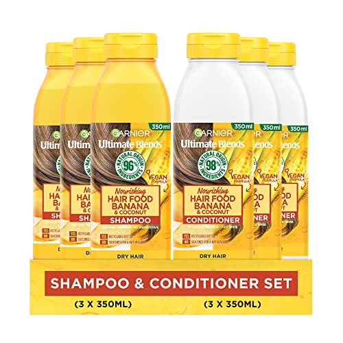 Garnier Shampoo & Conditioner Set by Ultimate Blends,Nourishing Banana Hair Food for Dry Hair,98 Percent Natural Origin Ingredients, 3 x 350ml Sh
