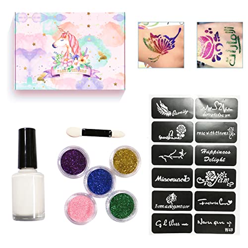 Glitter Tattoos Kit,Glitter Temporary Tattoo Set for Adult Kids,24 Colors Glitter Tattoos Kit,187 Stencils,Flash Body Nail Glitter Art Paint Make