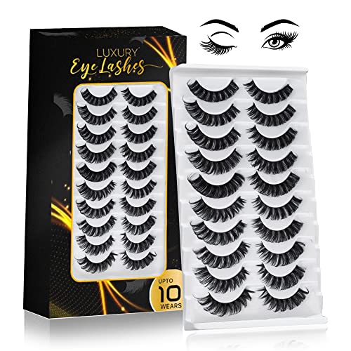 DEALFREE.24 Russian Strip Lashes Hand Made 10 Pairs of False Eyelashes with 2 Trendy Styles. Reusable DD Curl Fake Lashes with 3D Effect. Fluffy