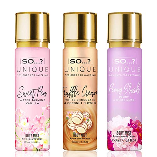 So…? Unique Womens Candy Kiss Bundle Truffle Cream, Sweet Pea, Vanilla Candy Body Mist Spray Mixed Fragrance Bundle 150ml (Pack of 3)