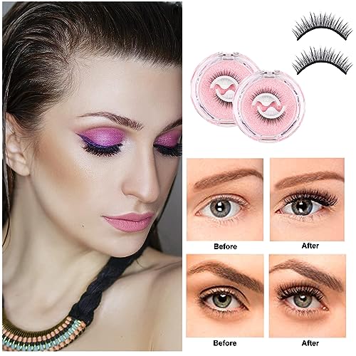 Reusable Adhesive Eyelashes,2 Pairs Self Adhesive Eyelashes and A Pink Lash Tweezer Reusable False Eyelashes Pre Glued Eyelashes Self Stick Lashe
