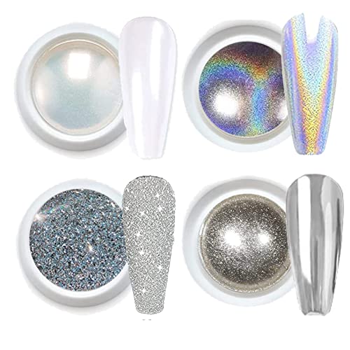 Chrome Nail Powder, White Pearl Nail Powder 4Pcs Chrome Powder for Nails, Metallic Holographic Nail Powder Mermaid Aurora Nail Art Pigment Solid