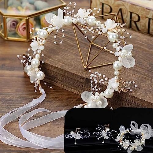 Flower Girl Headband, Flower Girl Headpiece, Pearl Headband, Adjustable Flower Girl Hair Accessories, Crystal Hair Vine Headband for Wedding, Par
