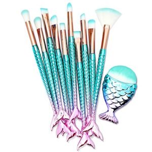 11PCS Makeup Brushes Set with Colorful Fish Tail Handle, Foundation Eyebrow Eyeliner Blush Cosmetic Concealer Brushes Women Girl Cute Make Up Too