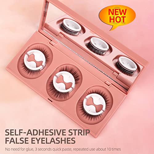 Sadodo Reusable Self Adhesive 3D False Eyelashes,3 Pairs in 1 Case, No Glue Needed,Natural Long Thick Fake Eye Lashes Box with replacement tape (