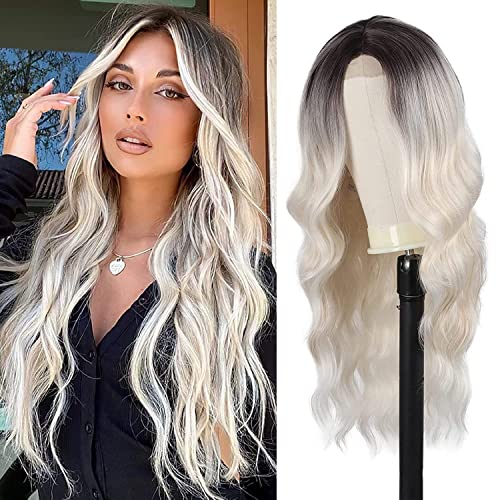 Long Brown Wavy Wig 24 Inch Highlight Wigs for Women Middle Part Curly Synthetic Hair Natural Looking Heat Resistant Fiber for Daily Party Use (B