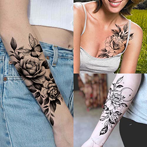 LAROI 65 Sheets Realistic Black Rose Flower Temporary Tattoos For Women, 3D Tribal Snake Floral Peony Fake Tattoo Stickers Adults, Long Lasting T