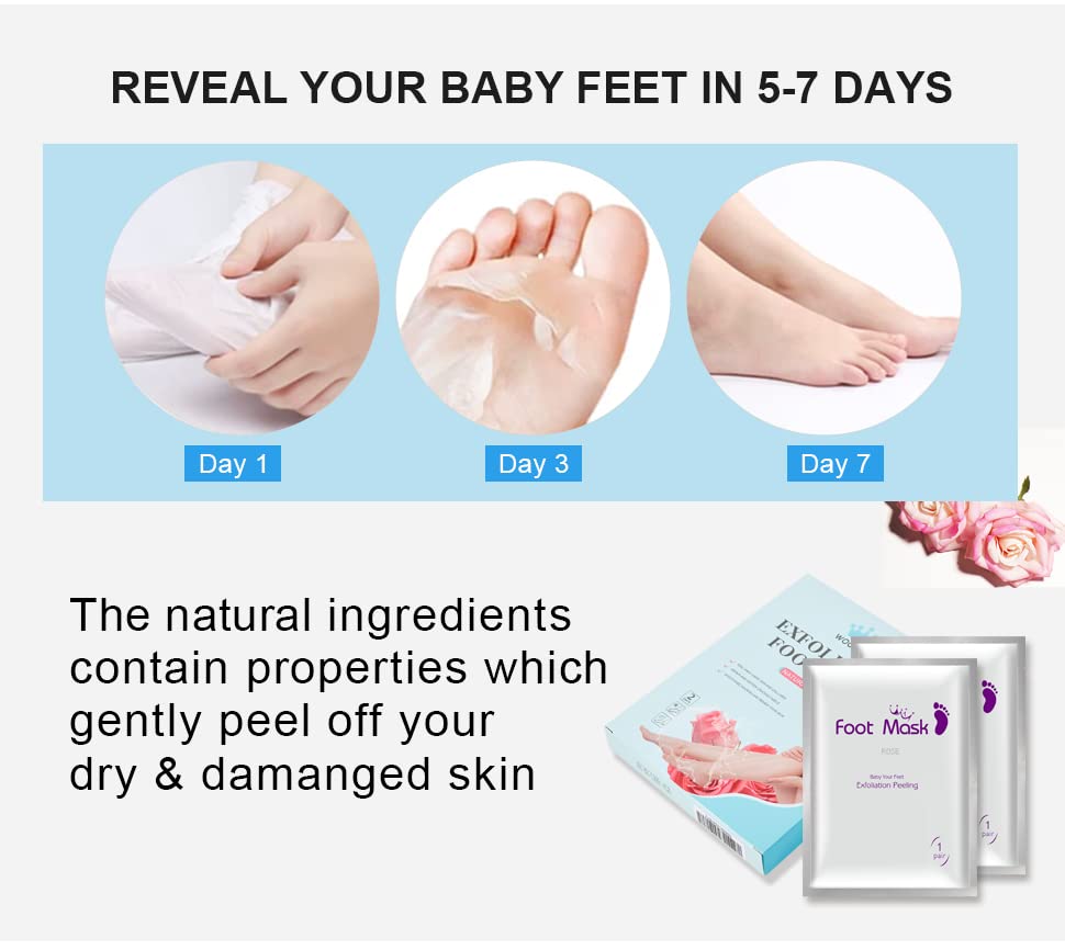 Foot Peel Mask WOOZHI, 2 Pack Foot Peeling Mask for Soft Baby Feet - Hard Skin Remover Foot Mask, Rose Foot Mask,Removes Calluses and Hard Skin,m