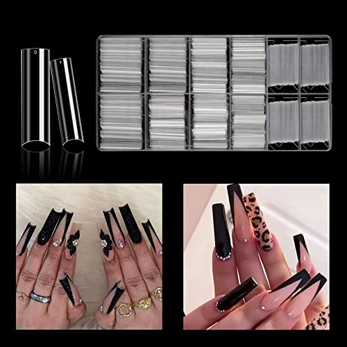 JUSTOTRY 700 Pcs No C Curve Clear Nail Tips No Glue, Extra Long Square Nails Tip Set, XXL Full Cover Fake Nails Tips for Women,Acrylic Straight F