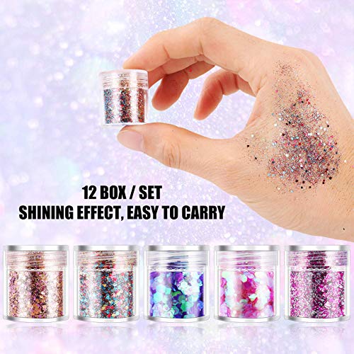 DazSpirit 12pcs Chunky Glitter for Face, Body, and Hair, Glitter Festival Makeup Set - Safe for Body Hair Nail Eye Beauty Makeup Art Decorative f