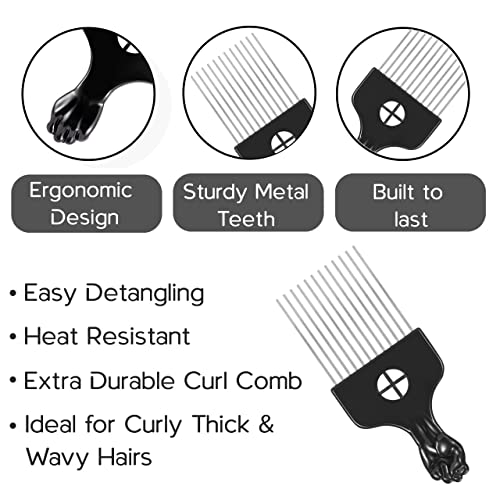 Boorika Metal Afro Comb – Smooth & Sturdy Metal Hair Pick for Detangling and Styling – Afro Pick for Curly Hair – For Home & Salon (Metal Afro Co